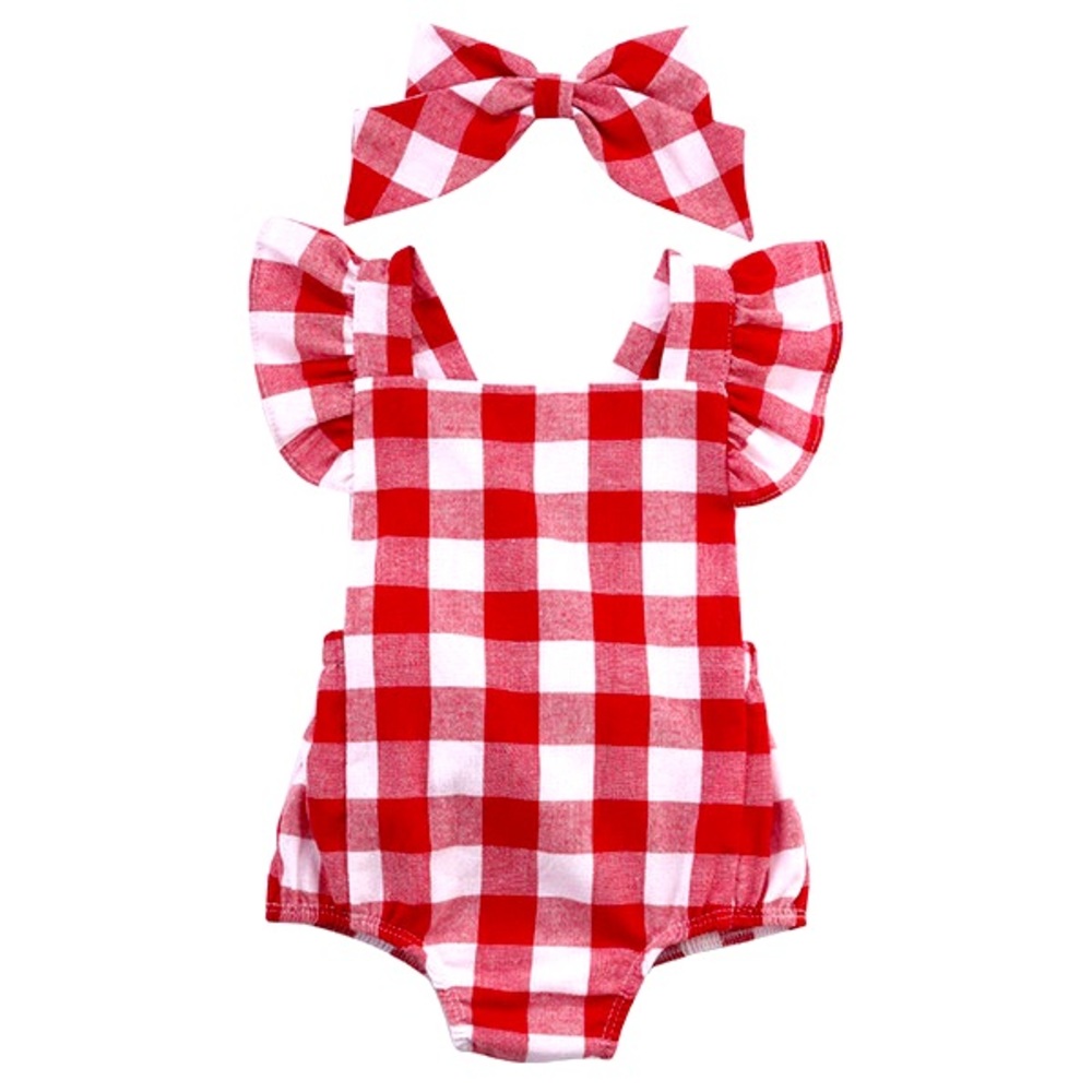 Baby red plaid ruffle romper and matching bow